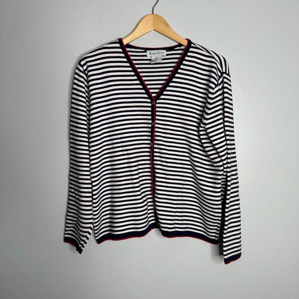 Robert Scott Cardigan Women XL Navy EUC Nautical Striped Cotton V-Neck Sweater